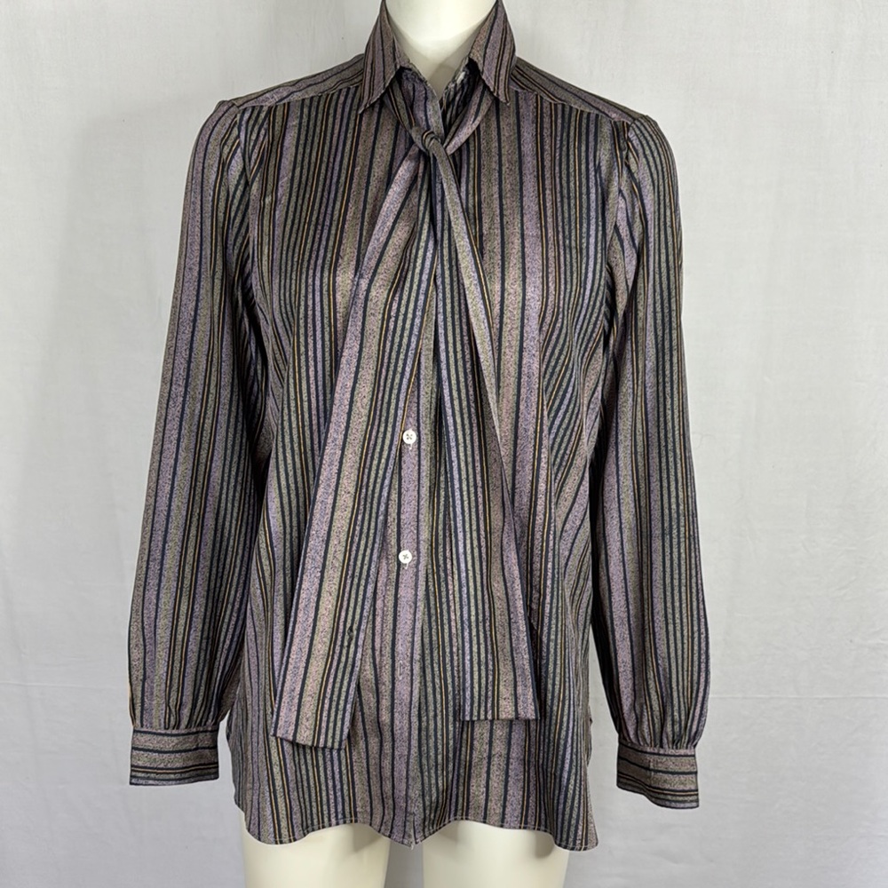 Vintage 1980s Evan Picone Striped Blouse with Neck Tie